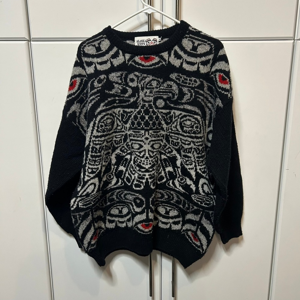 Alaska Knits Totem Eagle Haida Style Knit Sweater Black Grey Red Size S Vintage